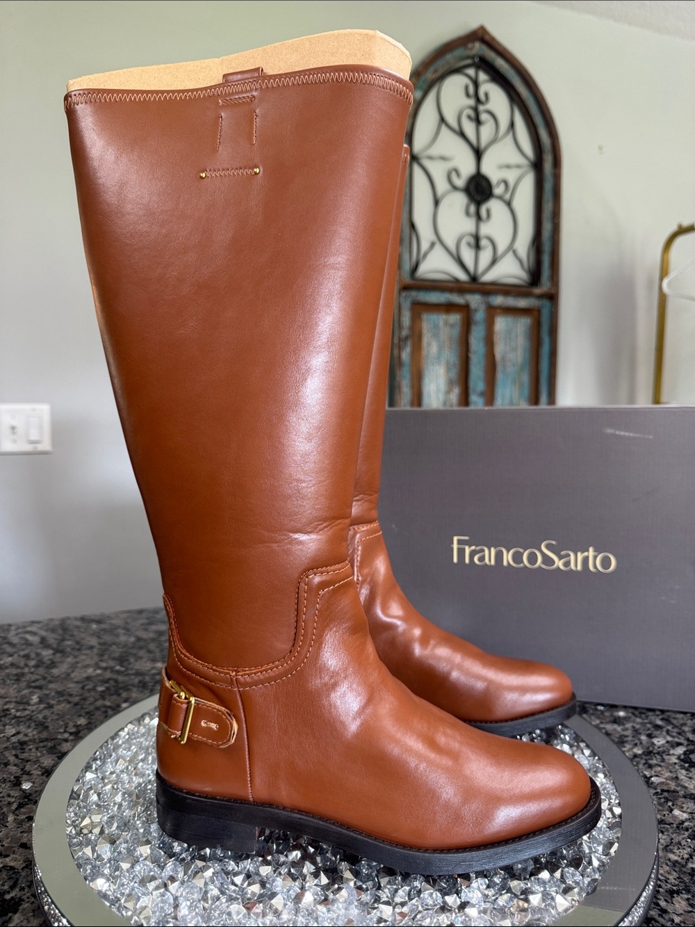 Franco Sarto Tall Cognac Over-the-Knee Boots with Gold Buckle NEW WIDE CALF 7